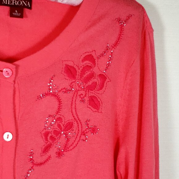 Y2K Vtg MERONA bright coral button up Cardigan Sweater Beaded Embroidered - Picture 7 of 8